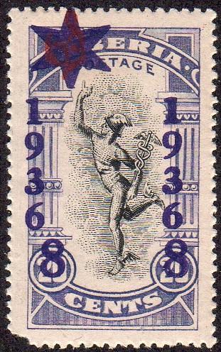 Liberia 263 - Mint-H - 8c on 20c Mercury (violet Ovpt) (1936) (cv $0.40)