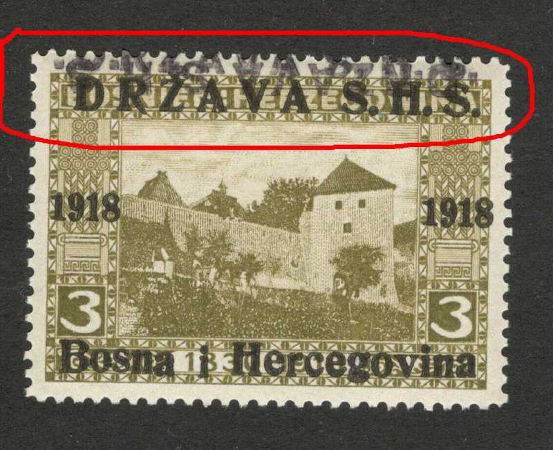 BOSNIA - SHS - MNH STAMP, 3 h - ERROR -TETE BECHE OVERPEINT DRŽAVA S.H.S.-1918