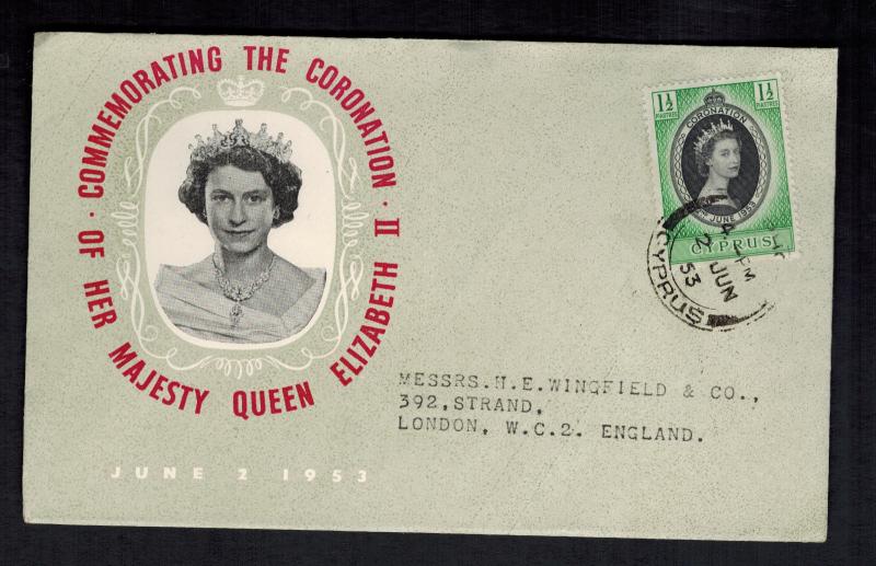 1953 Cyprus Coronation FDC to England  first day cover QE 2 Queen Elizabeth II