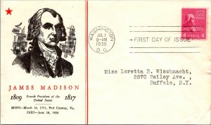 1938 FDC Prexy - James Madison, 4th Pres - Washington - F21252