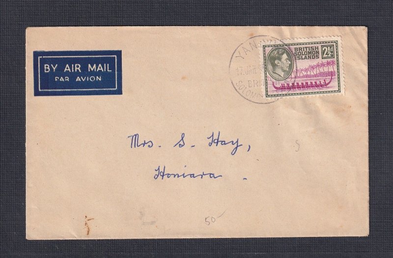 SOLOMON ISLANDS 1955 2&1/2d ON DOMESTIC USE COVER YANDINA TO HONIARA