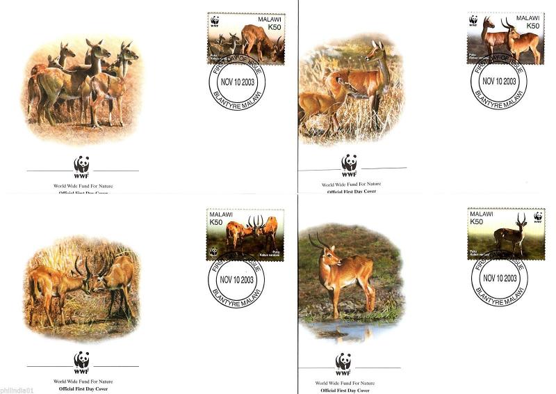 Malawi 2003 WWF Puku Antelope Deer Mammal Wildlife Animal Sc 714 Set of 4 FDCs