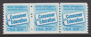 US Sc 2005 MNH. 1982 20c bue Consumer Education, Plate #4, strip of 3, VF 