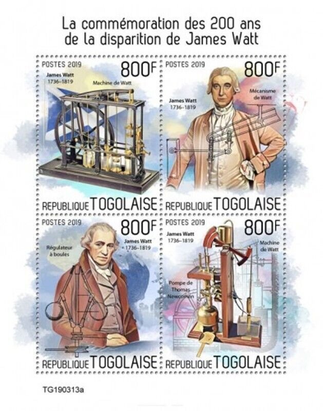 Togo - 2019 Inventor James Watt Anniversary - 4 Stamp Sheet - TG190313a