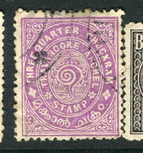 INDIA; TRAVANCORE early 1900s local issue fine used. 3/4ch value