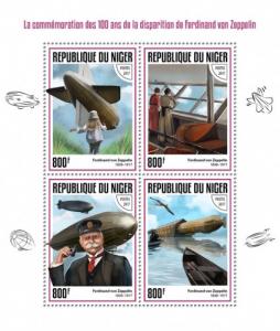 NIGER - 2017 - Ferdinand von Zeppelin, 100th Death Anniv - Perf 4v Sheet - MNH