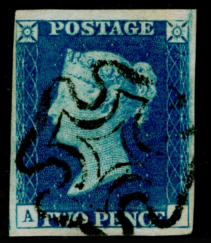 GB 1840 SG5, 2d blue, FINE USED. Cat £950. BLACK MX. 4 MARGINS.