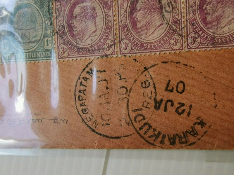 MALAYA 1907 STRAITS SETTLEMENT KG V REGISTERED COVER FROM PENANG TO INDIA