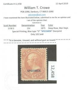 USA #O90s Mint Fine Specimen Overprint **With Certificate**