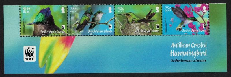 BVI WWF Hummingbird Birds Flowers Bottom strip of 4v WWF Logo SG#1278-1281