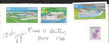 Canada #988, 989, 983 Forts. used on envelope.