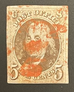 Tangstamp: US Stamp #1 Used Red Cancel 4 Margins Paper Residues On Back CV $450