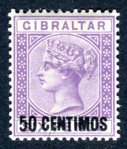 Gibraltar 1889 QV. 50c on 6d bright lilac. Lightly Mint Hinged. SG20.