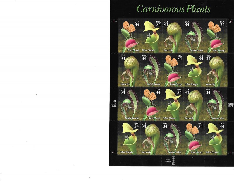 US Stamps/Sheets/Postage Scott #3531a Carnivorous Plants MNH F-VF OG FV $6.80