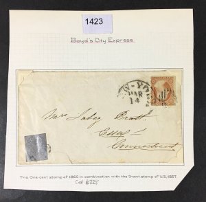 US # 26 1857 BOYD'S CITY EXPRESS USED 1857 COVER CAT. $225 LOT #1423