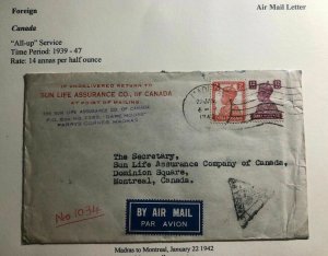 1942 Madras India Sun Life Co Censored Airmail Cover To Montreal Canada