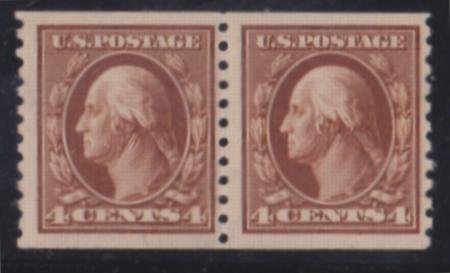 US Washington - Franklin #446 Hinged F - VF 4c perf 10 coil pair, Sound, ligh...