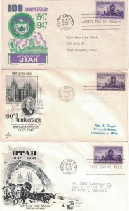1947 FDC, #950, 3c Utah 100th, 3 diff. cachets