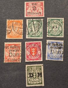 Danzig 1920s Inflation & Surcharged Stamps Lot (8) – High Values & Overprints