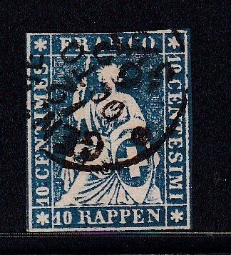 SWITZERLAND 1858  - Seated Helvetia, 10r, Gevena CDS, XF-Used # 37