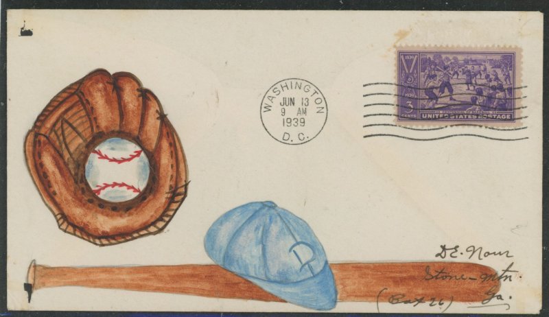 US 855 (1939) 3c baseball Centennial (single) on an addressed First Day Cover with a Hand-painted cachet