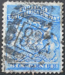 Rhodesia 1892 6d with Barred 827 postmark