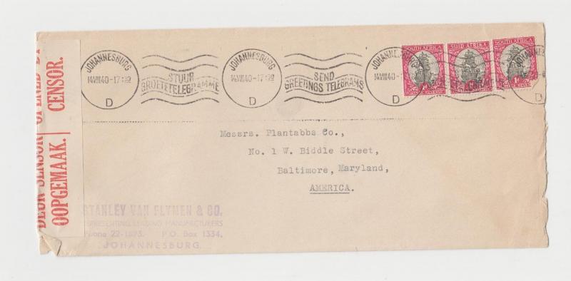 SOUTH AFRICA -USA 1940 CENSOR COVER 3x1d RATE (SEE BELOW