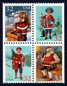 1995 Christmas Santa & Children Booklet Block of 4 32c Stamps, Sc# 3007, MNH, OG