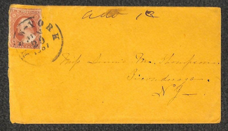 USA 11 NEW YORK TO TICONDEROGA NY ADVERTISED COVER 1857