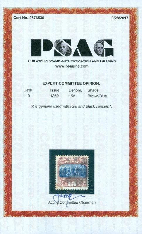 EDW1949SELL : USA 1869 Sc #119 VF Used Fresh & Choice stamp. PSAG Cert. Cat $250