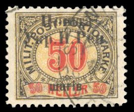 Western Ukraine #40 Cat$400, 1919 50sh on 50sh black, red and and yellow, use...