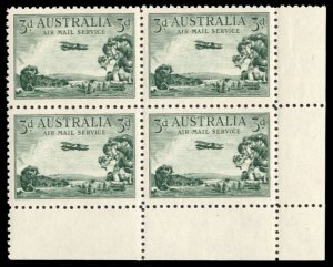 Australia #C1 Cat$58, 1929 3p green, corner margin block of four, never hinge...