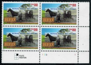 1996 Rural Free Delivery Plate Block Of 4 32c Postage Stamps, Sc# 3090, MNH, OG