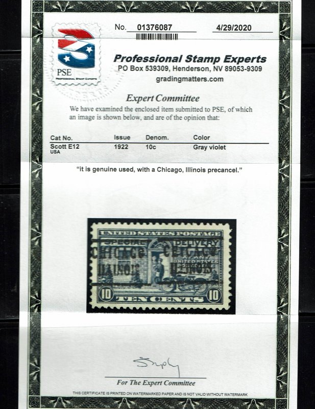 Scott #E12 XF-used. With 2020 PSE certificate.