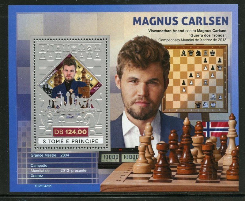 SAO Tome 2021 Magnus Carlsen Chess Master Silver Foil Souvenir Sheet Mint  NH