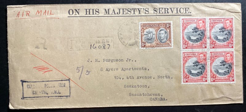 1944 Grenada On His Majesty Service Airmail cover To Saskatoon Canada 