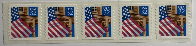 US 1997 Flag over Porch # 2915D Plt strip of 5 MNH OG