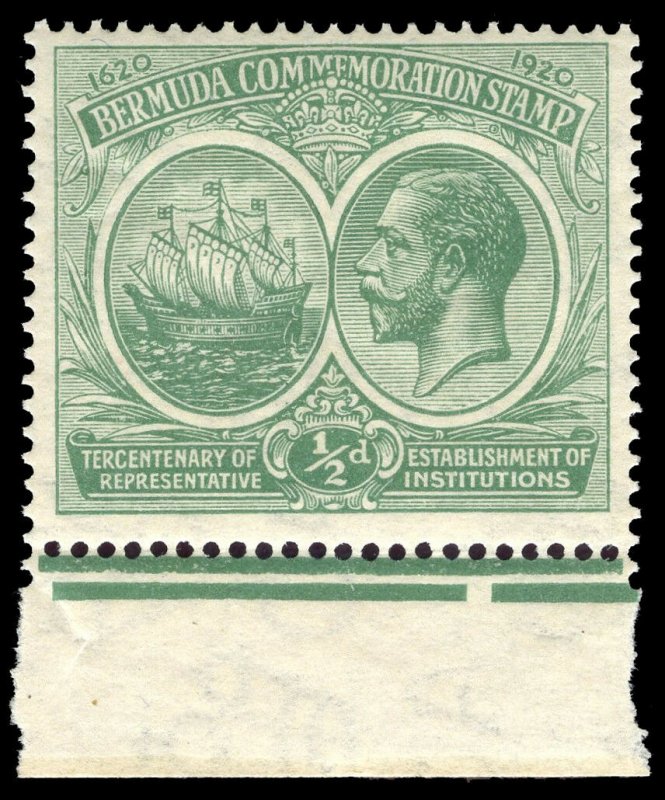 Bermuda 1920 KGV Tercentenary ½d green WATERMARK CROWN TO RIGHT OF CA. SG 60w.