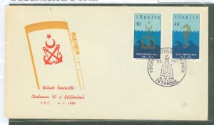 Turkey 1466-1467 1959 50th anniversary of the merchant marine college (set of two) on a cacheted unaddressed first day cover.