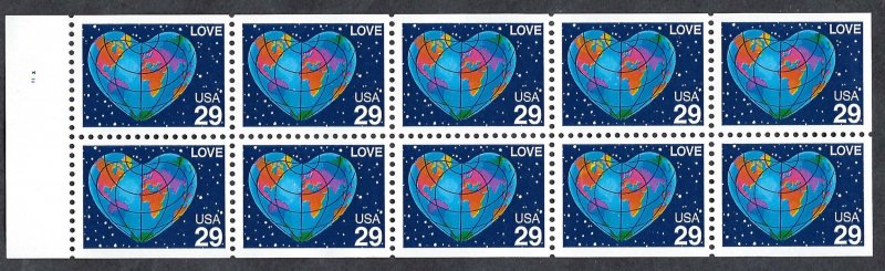 United States 2536a 29¢ Love Globe (1991). Booklet pane of 10. MNH