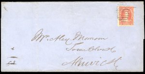 New Brunswick #9 Cat$100, 1860 10c vermilion, used on 1865 folded letter from...
