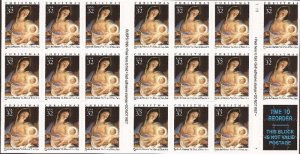 US Stamp 1996 32c Christmas Madonna & Child 20 Stamp Booklet Pane #3112a