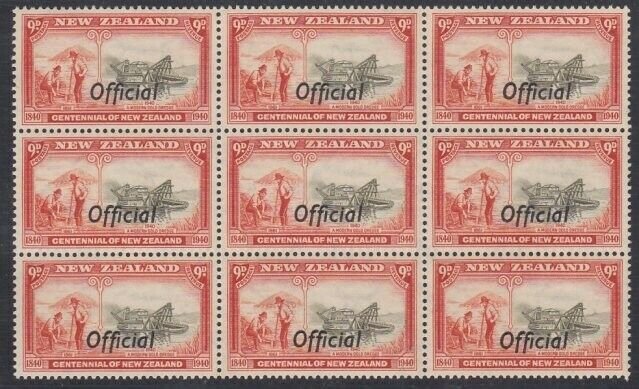 NEW ZEALAND 1940 Centenary 9d OFFICIAL MNH block of 9.......................V430