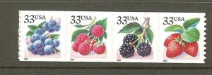 US Scott # 3302 - 3305 .33 - Fruits and Berries, SA Coil Strip of 4