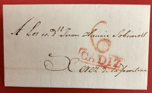 Spain, 1829 Stampless Cover/Folded Letter, CADIZ and Manuscript 6 Markings