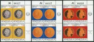Venezuela 1346-1348 blocks/4,MNH.Mi 2322-2324. Simon Bolivar Memorial Coins,1985 
