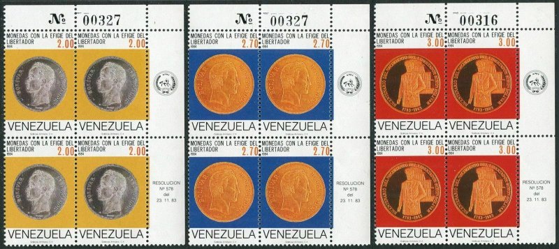 Venezuela 1346-1348 blocks/4,MNH.Mi 2322-2324. Simon Bolivar Memorial Coins,1985