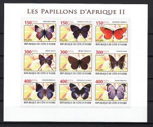 Ivory Coast. 2009 Cinderella issue. Butterflies, IMPERF sheet of 9. # 2.  ^