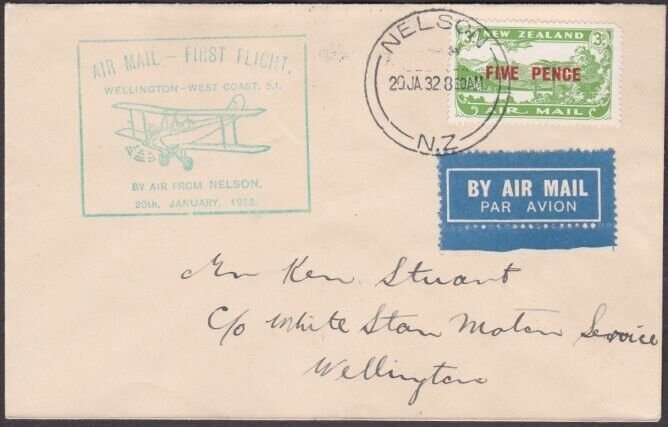 NEW ZEALAND 1932 First flight cover NELSON TO WELLINGTON....................y237 