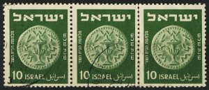 ISRAEL #19, USED STRIP OF 3 - 1949 - DAN009
